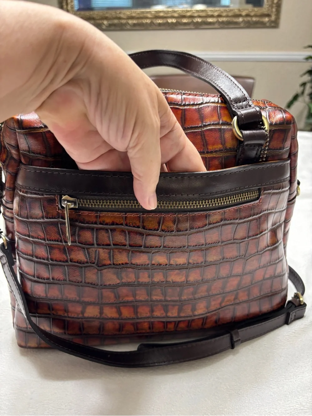 Patricia Nash Brown Rosora Croc-Embossed Leather Satchel Autumn Bag - Picture 7 of 16
